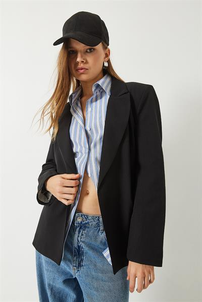 Kadın Vatkalı Astarı Çizgili Çilek Kumaş Blazer Ceket 50178 60283002 - Siyah