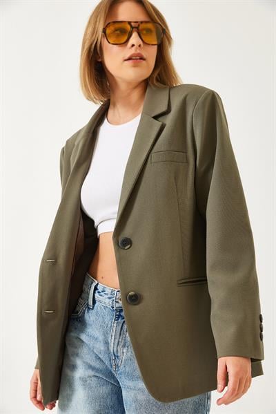 Kadın Vatkalı Çift Cepli Astarlı Blazer Ceket 3338 60261198 - Haki