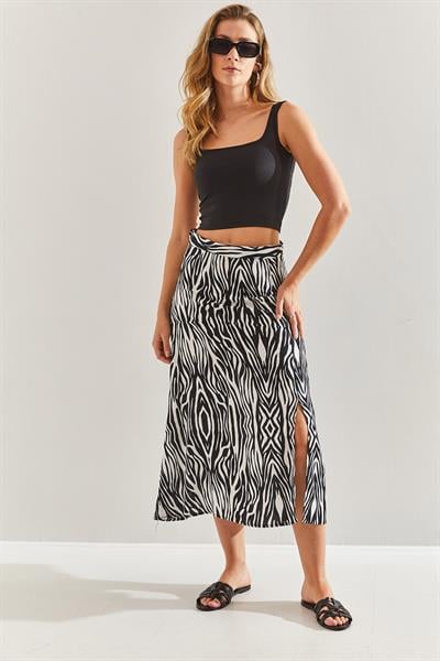 Kadın Viskon Yırtmaçlı Etek 60201021 - Siyah-Beyaz