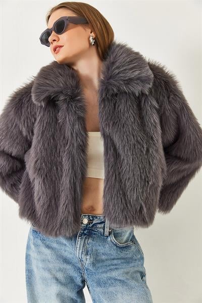 Yakalı Suni Kürklü Astarlı Mont 38120 60251969 - Antrasit