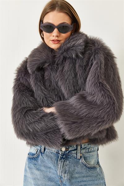 Yakalı Suni Kürklü Astarlı Mont 38120 60251969 - Antrasit