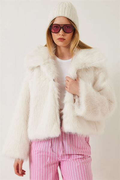 Yakalı Suni Kürklü Astarlı Mont 38120 60251969 - Beyaz