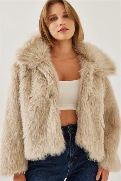 Yakalı Suni Kürklü Astarlı Mont 38120 60251969 - Bej