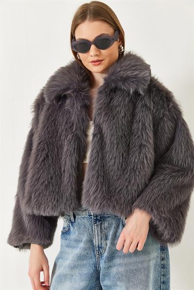 Yakalı Suni Kürklü Astarlı Mont 38120 60251969 - Antrasit