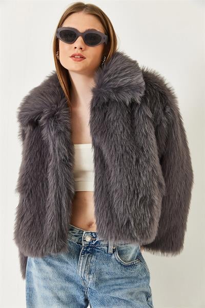 Yakalı Suni Kürklü Astarlı Mont 38120 60251969 - Antrasit