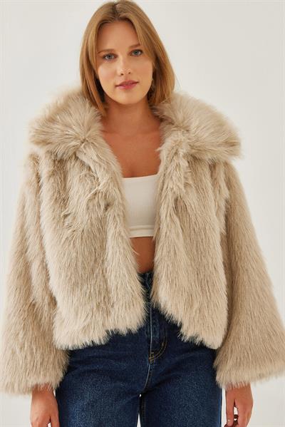 Yakalı Suni Kürklü Astarlı Mont 38120 60251969 - Bej