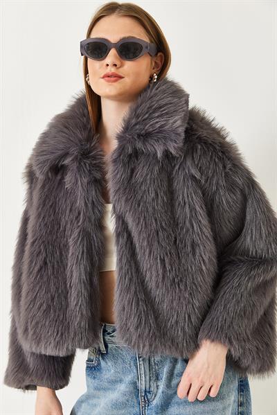Yakalı Suni Kürklü Astarlı Mont 38120 60251969 - Antrasit