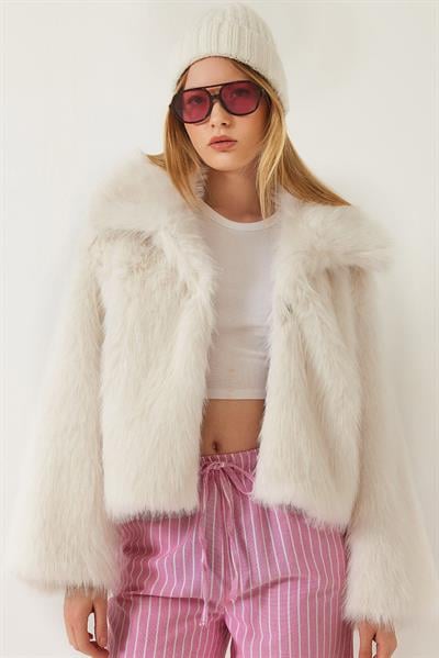 Yakalı Suni Kürklü Astarlı Mont 38120 60251969 - Beyaz