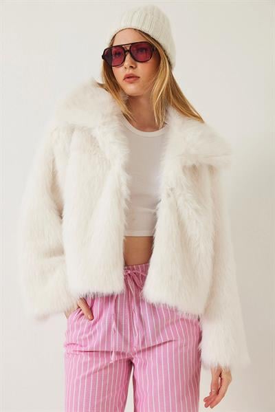 Yakalı Suni Kürklü Astarlı Mont 38120 60251969 - Beyaz