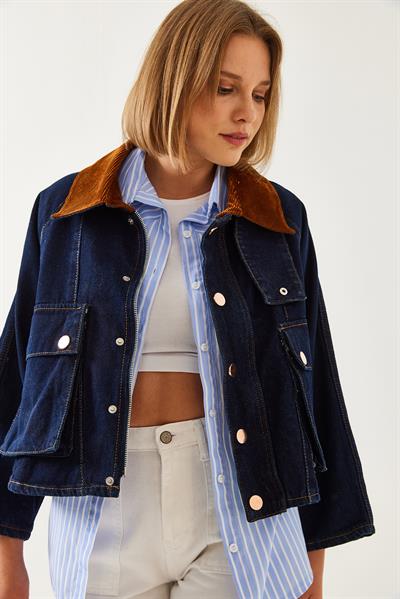 Yakası Kadife Detaylı Denim Ceket 6051 60351228 - İndigo