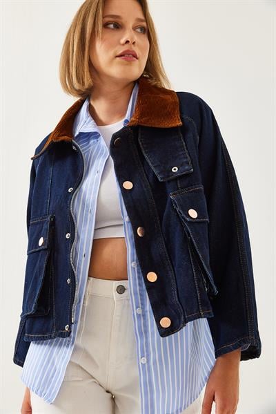 Yakası Kadife Detaylı Denim Ceket 6051 60351228 - İndigo