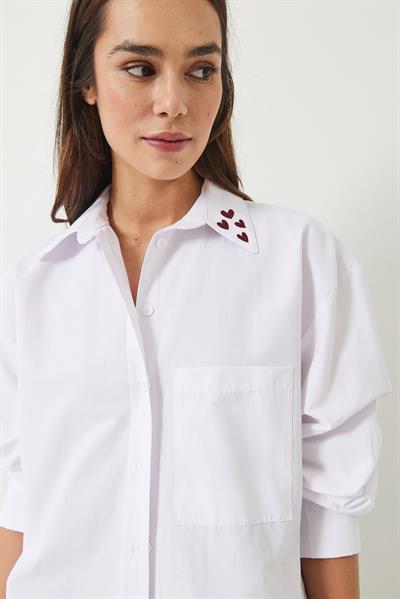 Kadın Yakası Kalp Nakışlı Düşük Omuz Oversize Poplin Gömlek 60420 60271082 - Beyaz