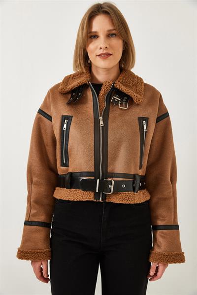 Kadın Yakası Kemerli Kürklü Lamine Mont 3027 60251967 - Camel