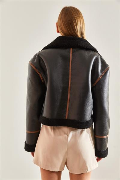 Yakası Kemerli Lamine Ceket 2289 - Mat Siyah