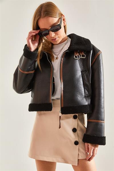 Yakası Kemerli Lamine Ceket 2289 - Mat Siyah