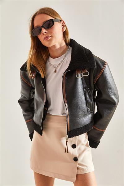 Yakası Kemerli Lamine Ceket 2289 - Mat Siyah