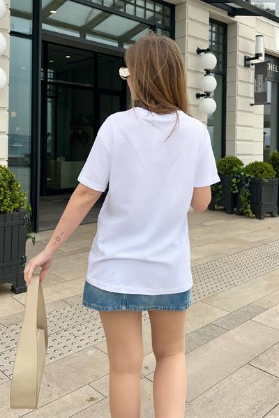 Kadın Yakası Taş İşlemeli Penye Tshirt 60211011 - Beyaz