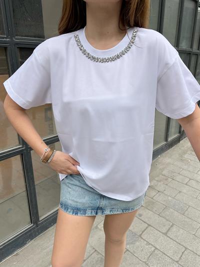 Kadın Yakası Taş İşlemeli Penye Tshirt 60211011 - Beyaz