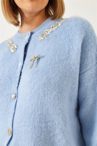 Yakası Taşlı Şardonlu Triko Hırka 20246266 - Bebe Mavisi