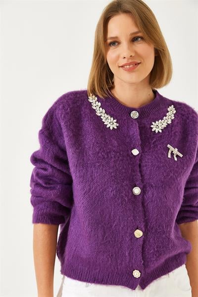 Yakası Taşlı Şardonlu Triko Hırka 20246266 - Mor