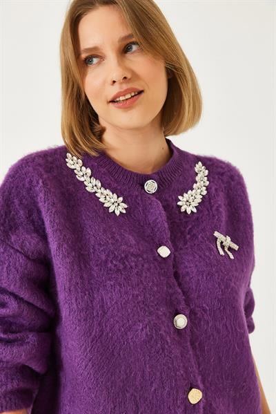 Yakası Taşlı Şardonlu Triko Hırka 20246266 - Mor