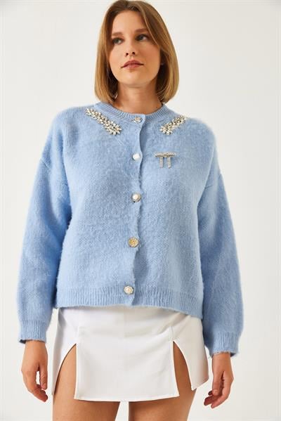 Yakası Taşlı Şardonlu Triko Hırka 20246266 - Bebe Mavisi
