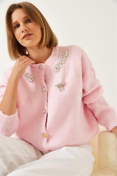 Yakası Taşlı Şardonlu Triko Hırka 20246266 - Pudra