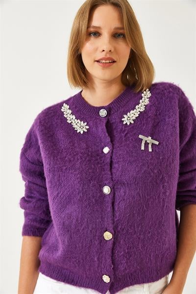 Yakası Taşlı Şardonlu Triko Hırka 20246266 - Mor