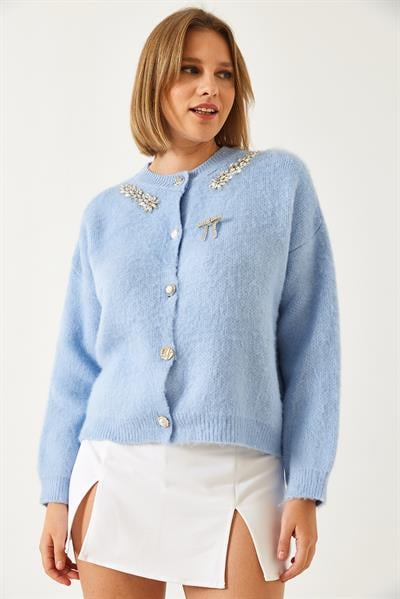 Yakası Taşlı Şardonlu Triko Hırka 20246266 - Bebe Mavisi