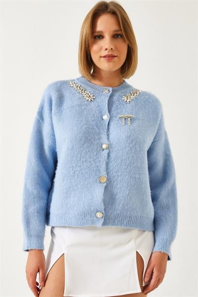 Yakası Taşlı Şardonlu Triko Hırka 20246266 - Bebe Mavisi