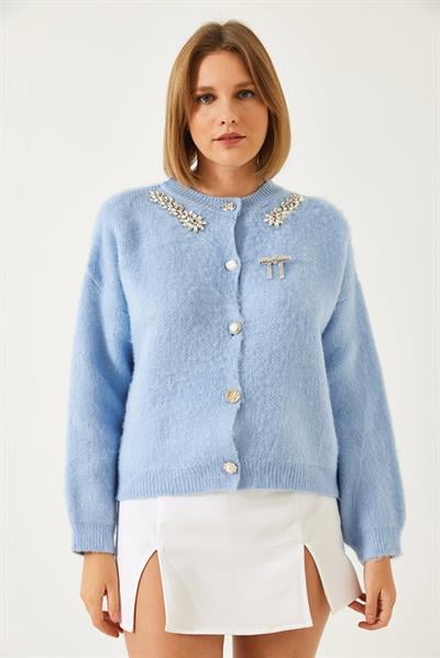 Yakası Taşlı Şardonlu Triko Hırka 20246266 - Bebe Mavisi