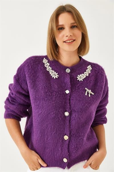 Yakası Taşlı Şardonlu Triko Hırka 20246266 - Mor