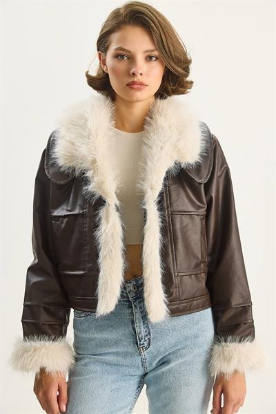 Yakası Ve Kolları Kürklü Suni Deri Ceket 2760 60261576 - Kahve