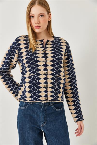 Yan Baklava Desenli Triko Hırka 241139 60261289 - Lacivert-Bej