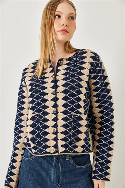 Yan Baklava Desenli Triko Hırka 241139 60261289 - Lacivert-Bej