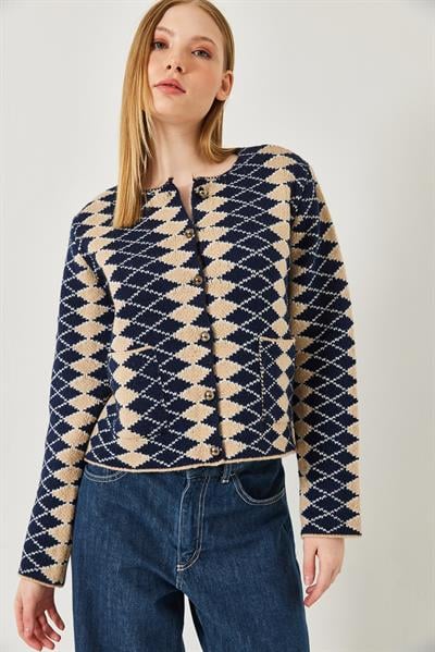 Yan Baklava Desenli Triko Hırka 241139 60261289 - Lacivert-Bej