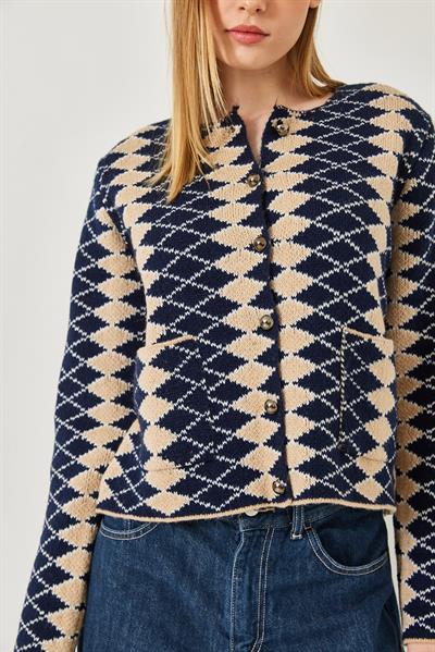 Yan Baklava Desenli Triko Hırka 241139 60261289 - Lacivert-Bej