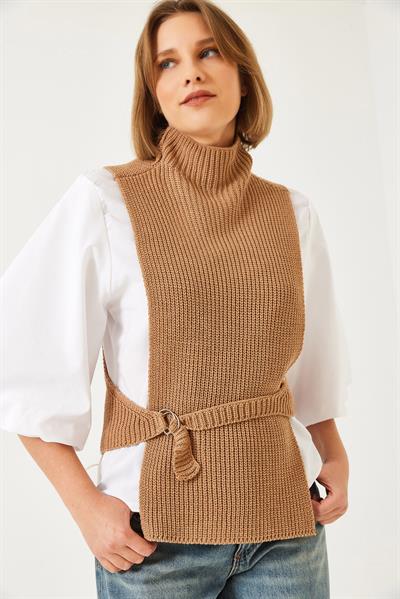 Kadın Yandan Bağlamalı Süveterli Gömlek 1000 60261317 - Beyaz-Camel