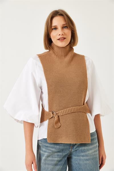 Kadın Yandan Bağlamalı Süveterli Gömlek 1000 60261317 - Beyaz-Camel