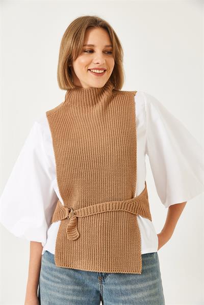 Kadın Yandan Bağlamalı Süveterli Gömlek 1000 60261317 - Beyaz-Camel