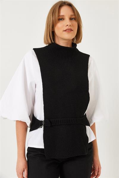 Kadın Yandan Bağlamalı Süveterli Gömlek 1000 60261317 - Beyaz-Siyah