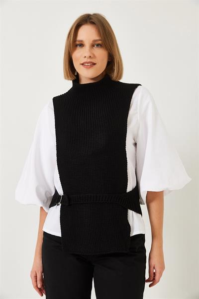 Kadın Yandan Bağlamalı Süveterli Gömlek 1000 60261317 - Beyaz-Siyah