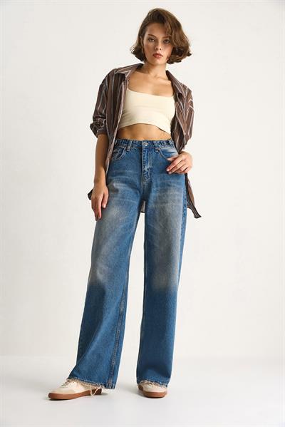 Kadın Yandan Tokalı Denim Pantolon 5290  60284088 - Mavi