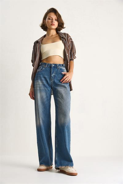 Kadın Yandan Tokalı Denim Pantolon 5290  60284088 - Mavi