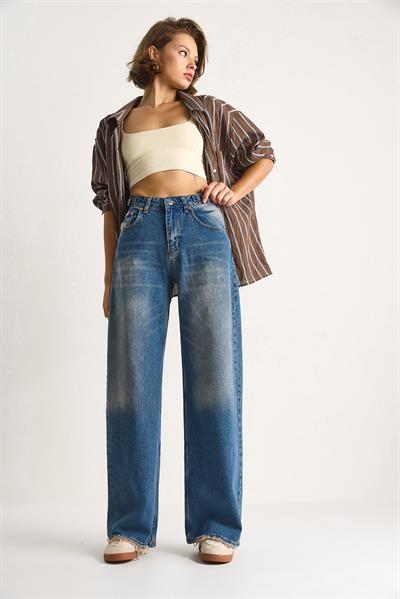 Kadın Yandan Tokalı Denim Pantolon 5290  60284088 - Mavi