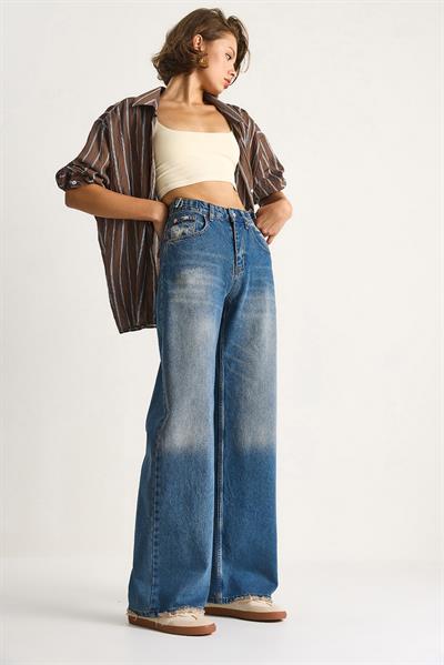 Kadın Yandan Tokalı Denim Pantolon 5290  60284088 - Mavi