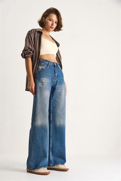 Kadın Yandan Tokalı Denim Pantolon 5290  60284088 - Mavi
