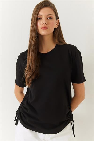 Kadın Yanları Büzgülü Basic Basic Tshirt 60602003 - Siyah