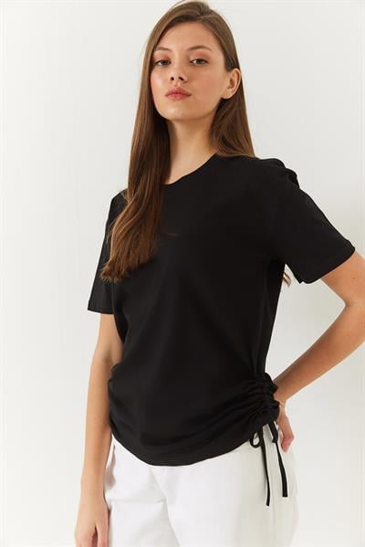 Kadın Yanları Büzgülü Basic Basic Tshirt 60602003 - Siyah