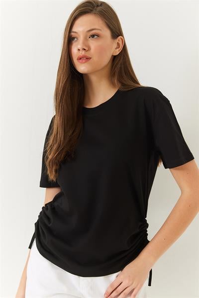 Kadın Yanları Büzgülü Basic Basic Tshirt 60602003 - Siyah